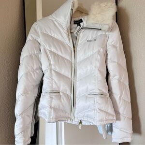 Bebe White Puffer Jacket with Quilted Design and High Collar